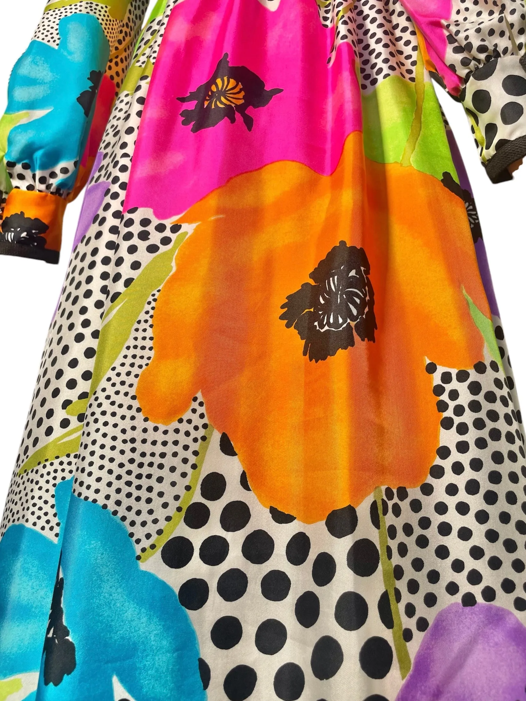 Teal Traina Early 70s Psychedelic Silk Floral Longsleeve Jumpsuit