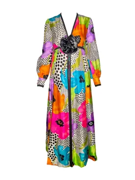 Teal Traina Early 70s Psychedelic Silk Floral Longsleeve Jumpsuit