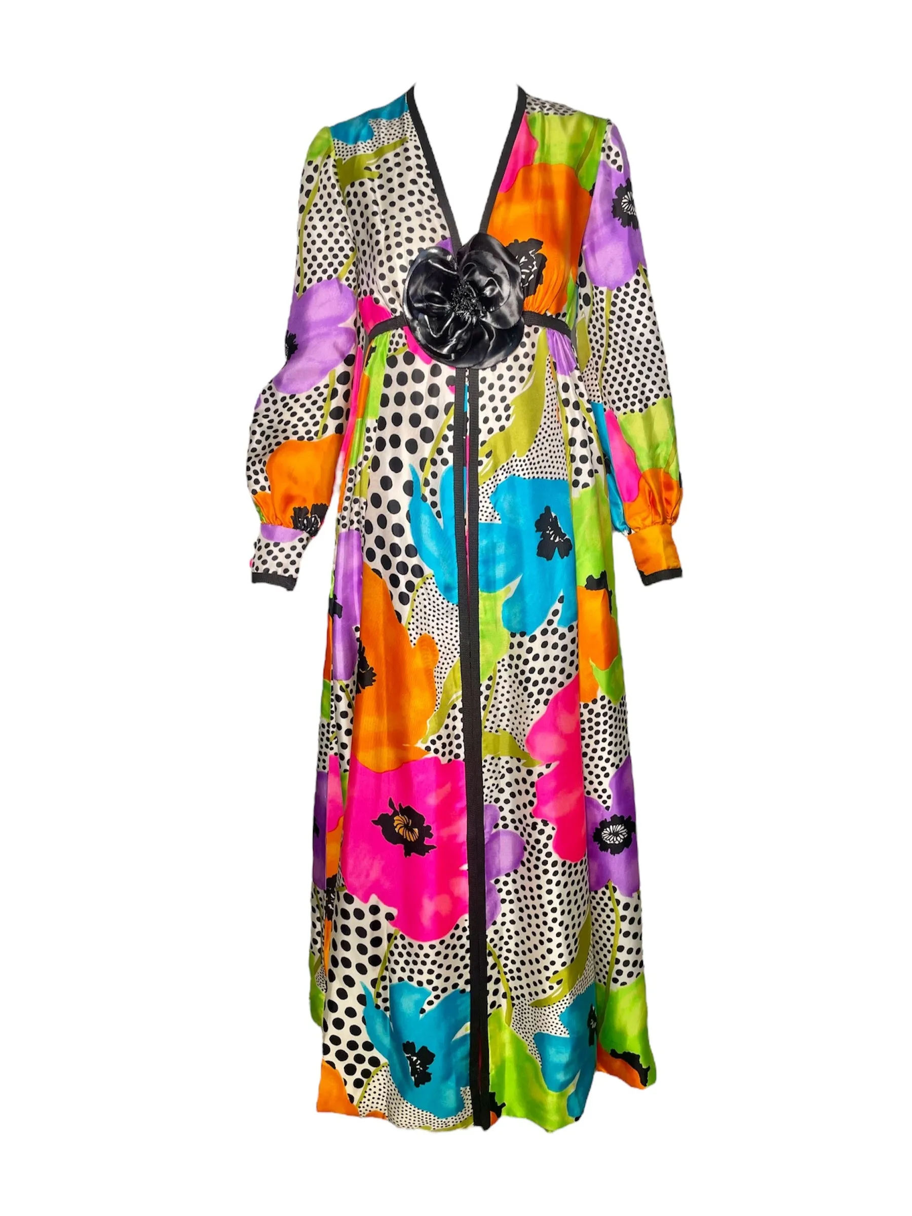 Teal Traina Early 70s Psychedelic Silk Floral Longsleeve Jumpsuit