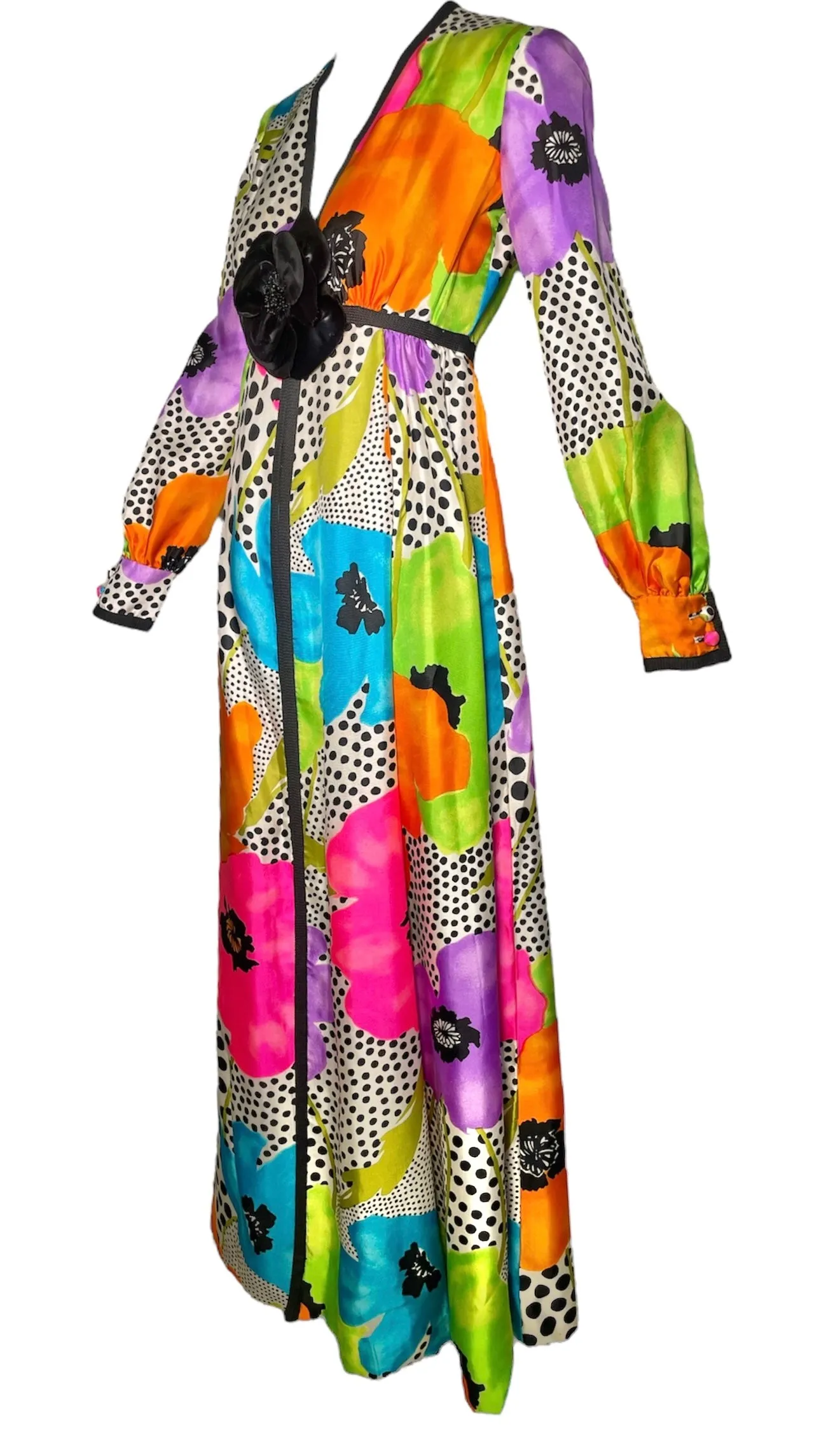 Teal Traina Early 70s Psychedelic Silk Floral Longsleeve Jumpsuit