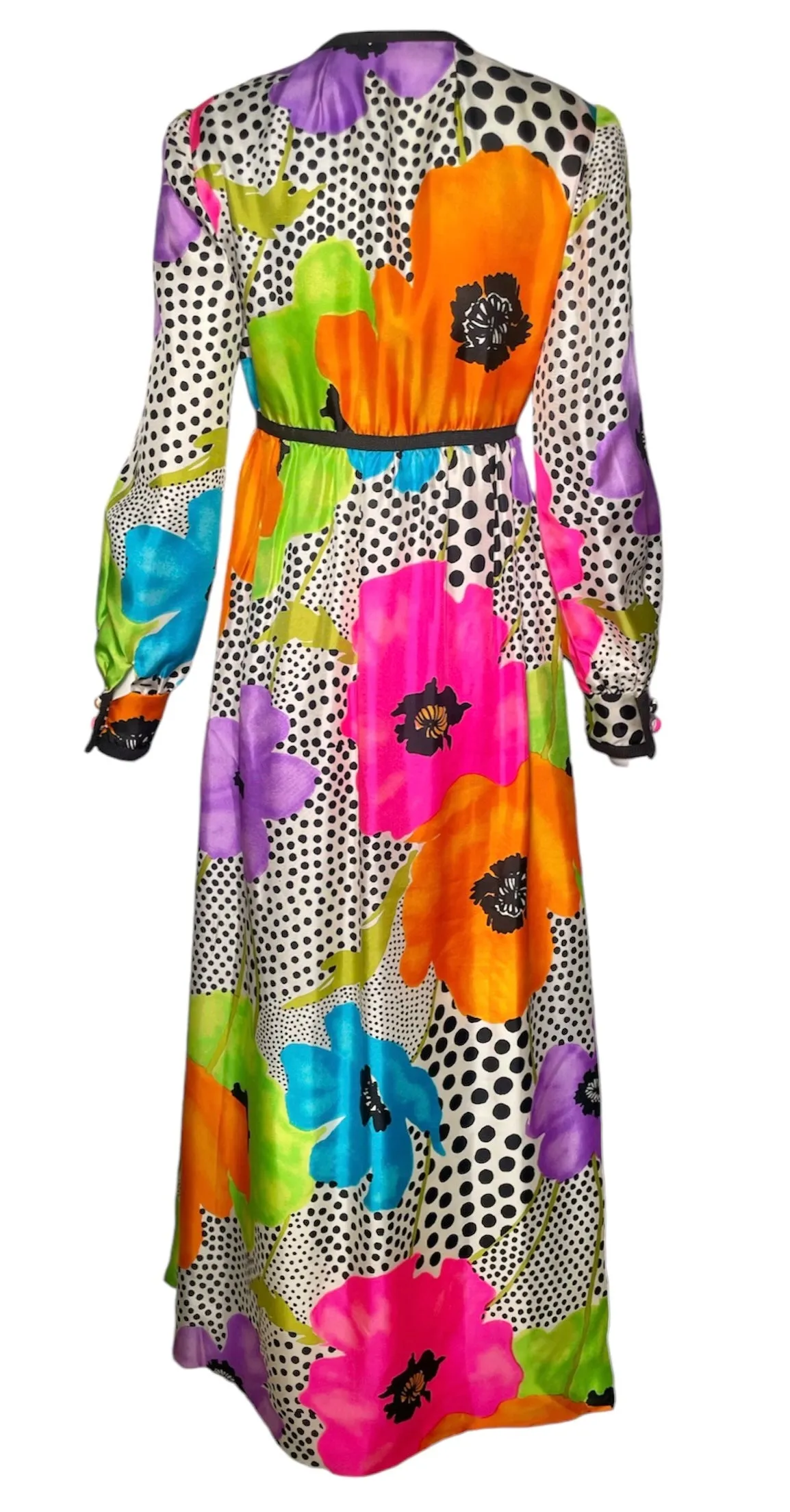 Teal Traina Early 70s Psychedelic Silk Floral Longsleeve Jumpsuit