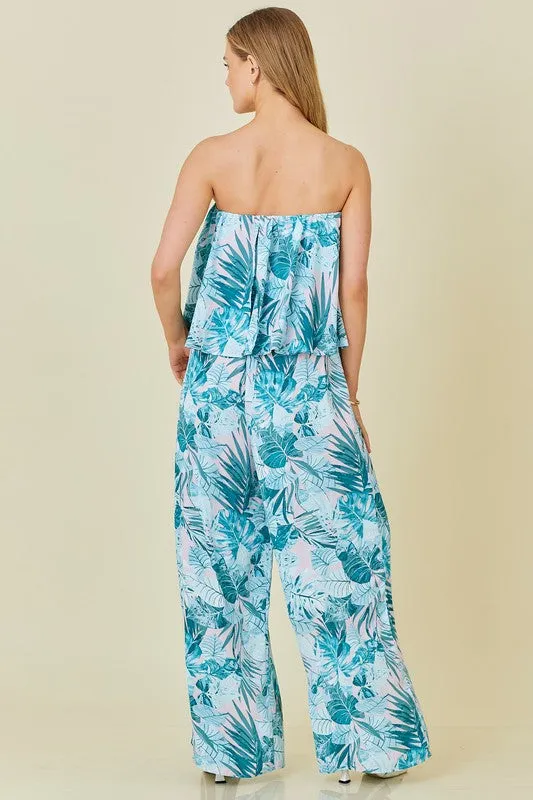Teal Tropical Tropical Tube Top Tropical Print Jumpsuit