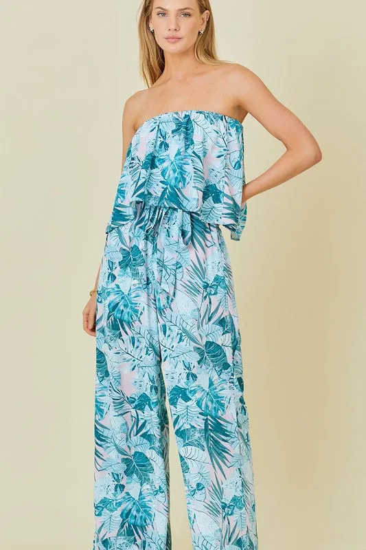 Teal Tropical Tropical Tube Top Tropical Print Jumpsuit