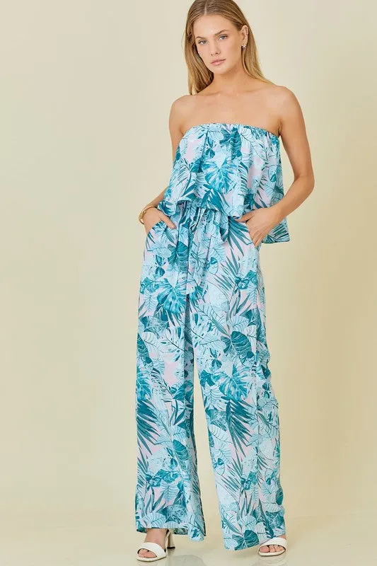 Teal Tropical Tropical Tube Top Tropical Print Jumpsuit