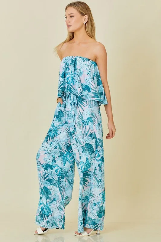 Teal Tropical Tropical Tube Top Tropical Print Jumpsuit