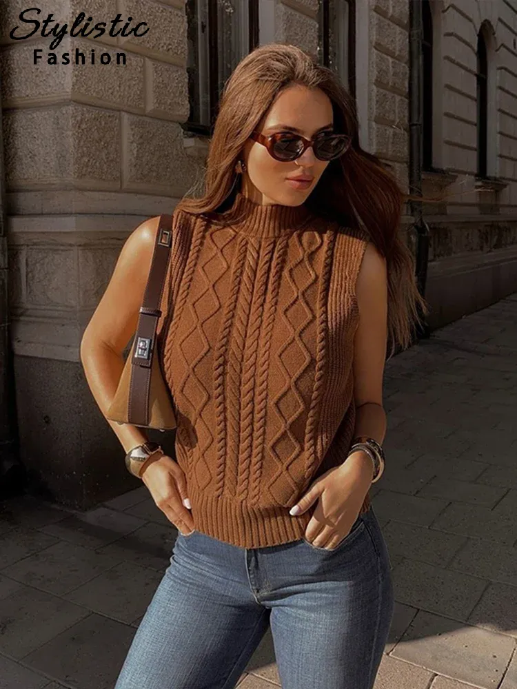 thanksgiving outfit Joskaa Casual Knitted Women Waistcoat Turtleneck Sleeveless Knitting Solid Tank Top Female 2024 Autumn Fashion Minimalism Lady Vests