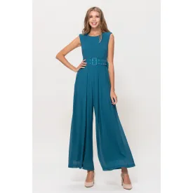 The Revere Sleeveless Belted Wide Leg Jumpsuit in Teal