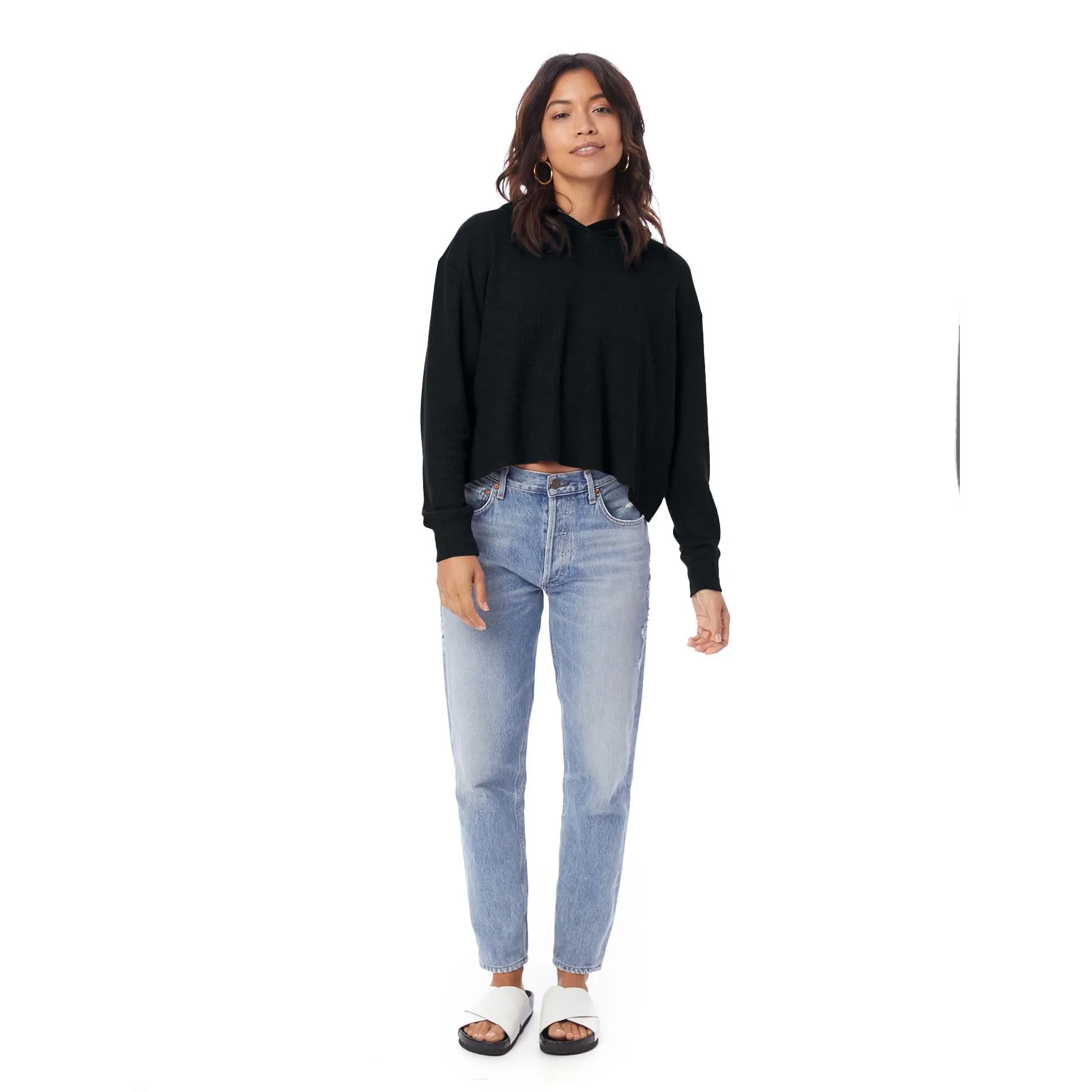 Thermal Relaxed Cropped Hooded Shirt (Black)