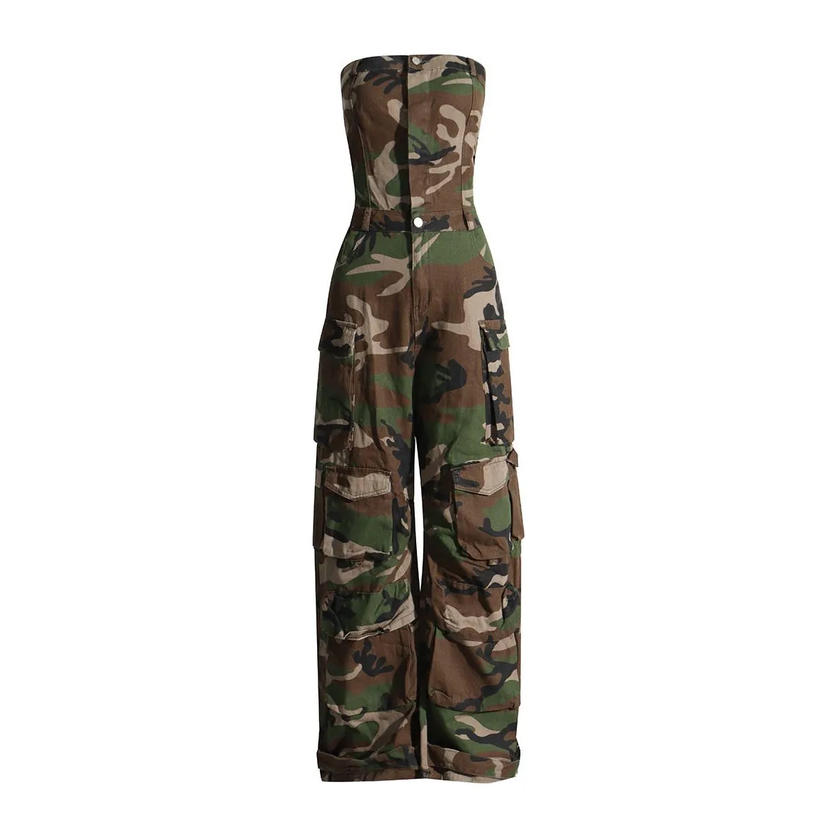 Tube Top Camouflage Jumpsuit
