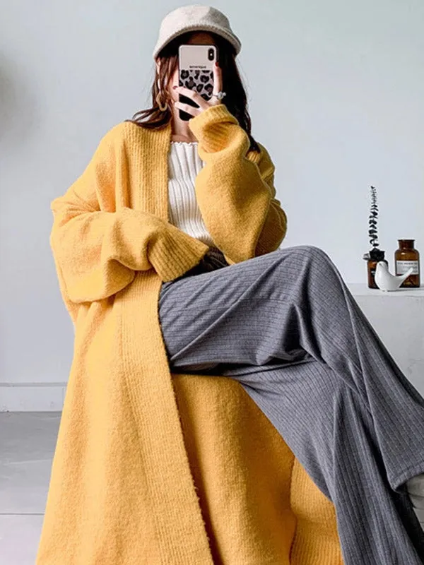Urban Simple Loose Solid Color Knitting Cardigan Coat YELLOW
