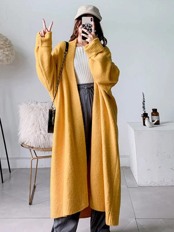 Urban Simple Loose Solid Color Knitting Cardigan Coat YELLOW