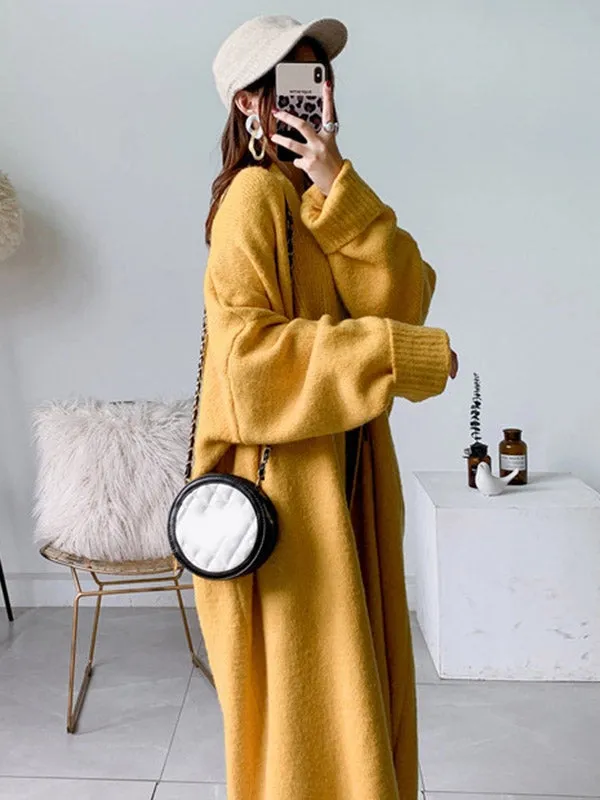 Urban Simple Loose Solid Color Knitting Cardigan Coat YELLOW