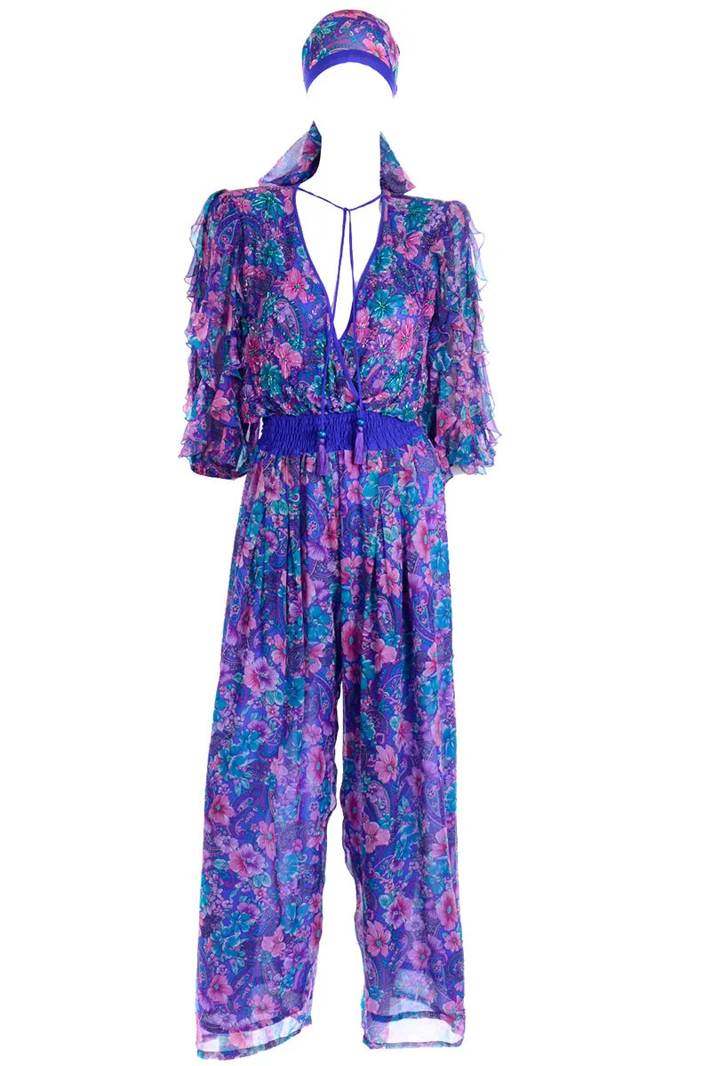Vintage Diane Freis Floral Silk Jumpsuit With Scarf