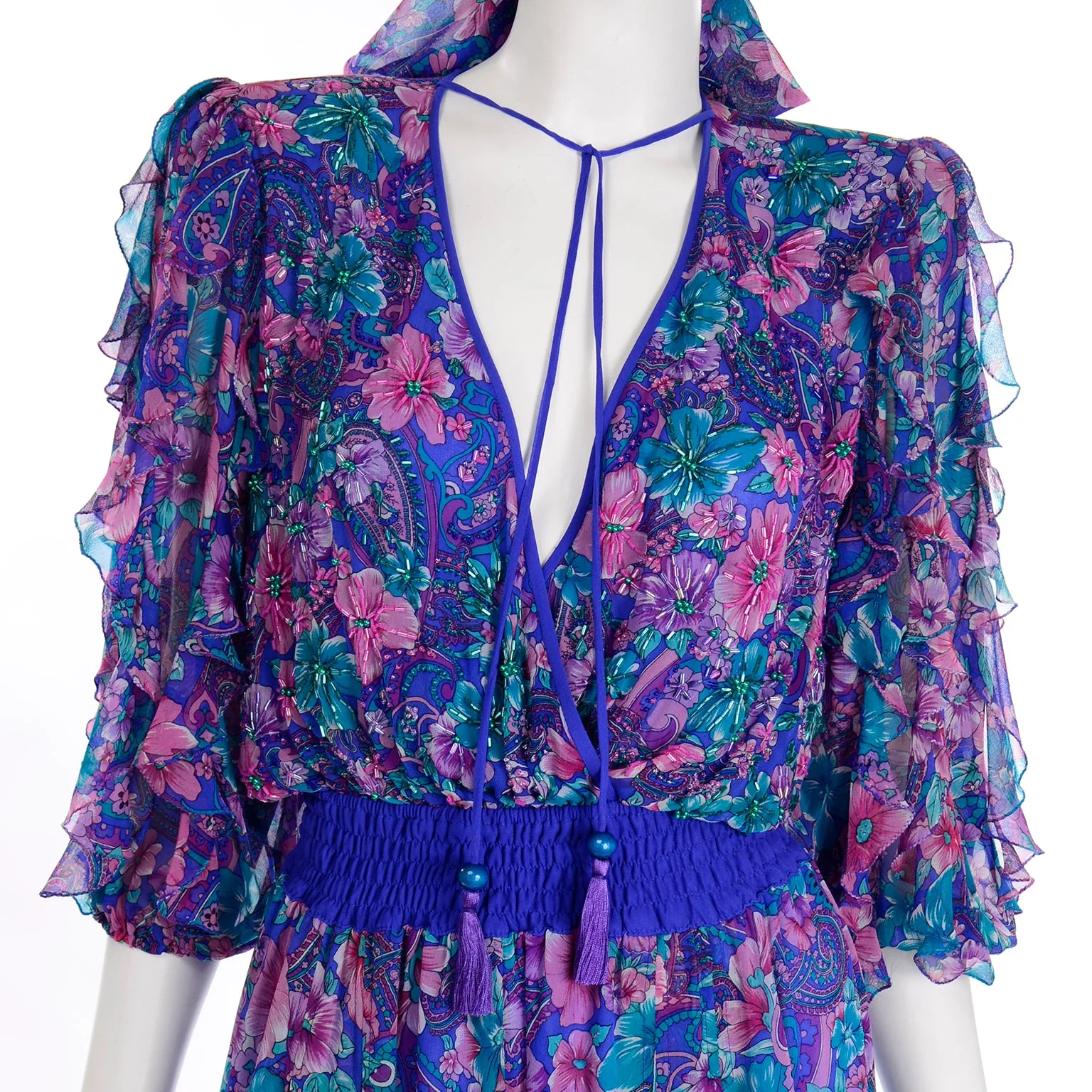Vintage Diane Freis Floral Silk Jumpsuit With Scarf