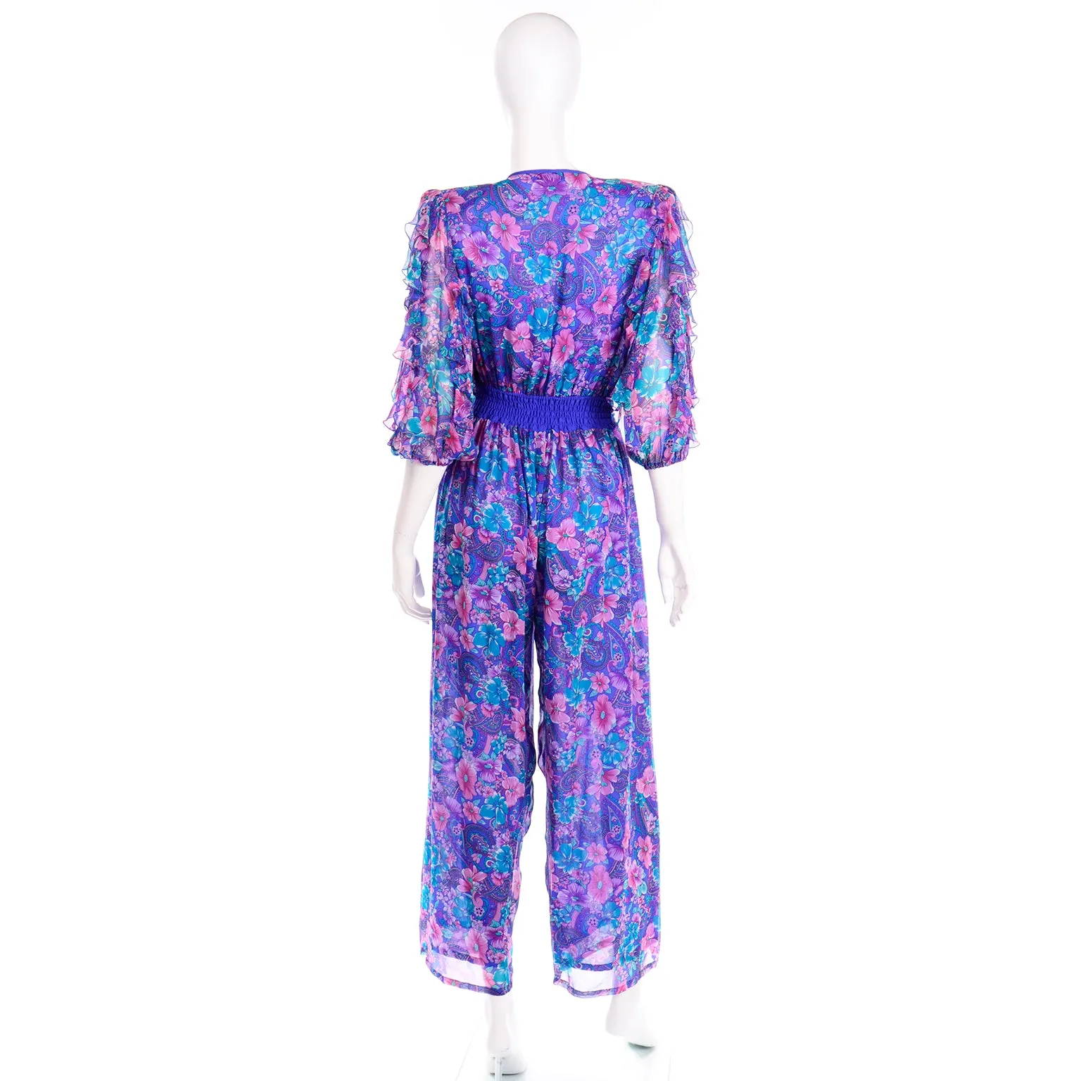 Vintage Diane Freis Floral Silk Jumpsuit With Scarf