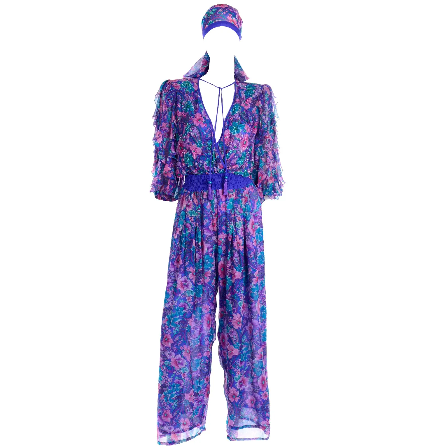 Vintage Diane Freis Floral Silk Jumpsuit With Scarf