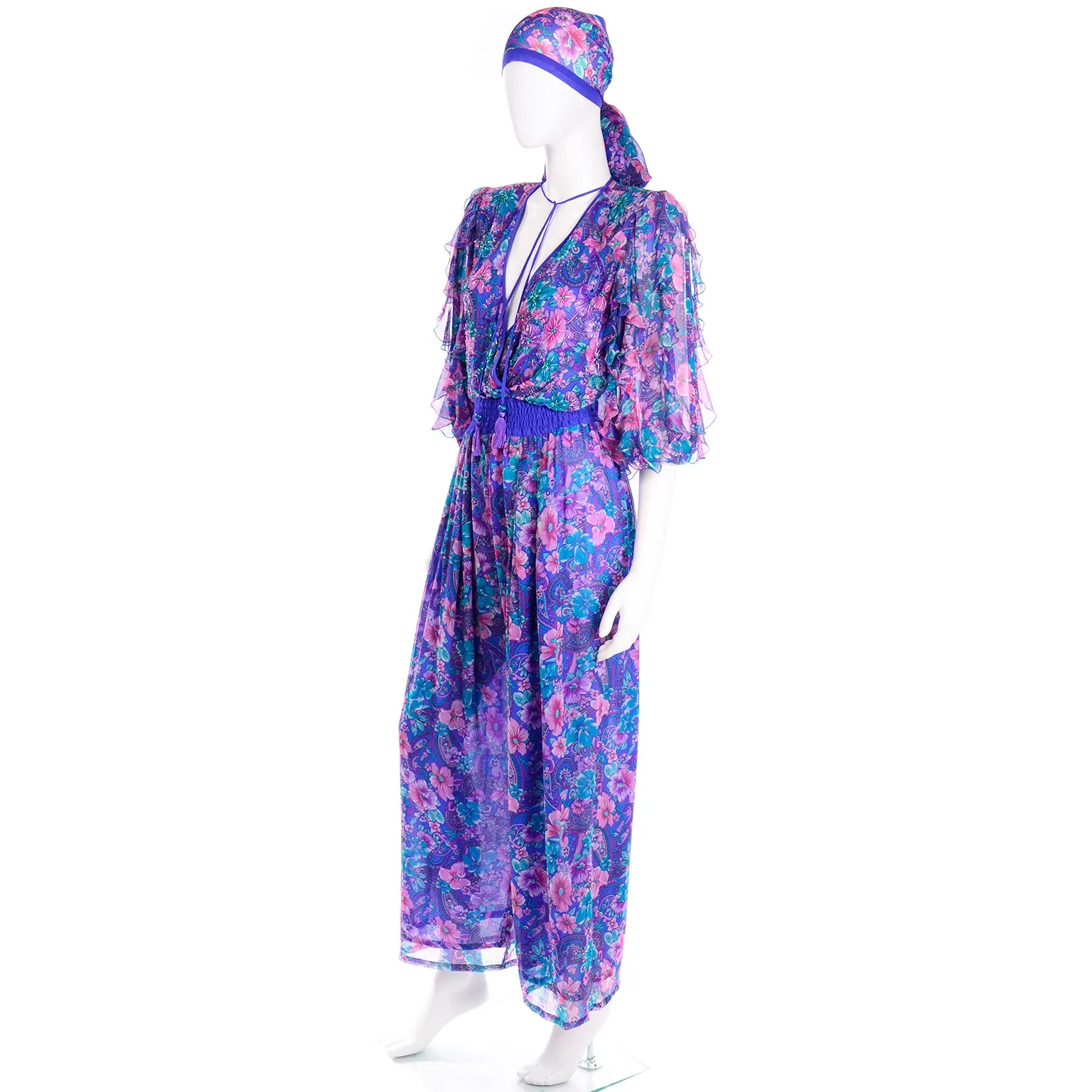 Vintage Diane Freis Floral Silk Jumpsuit With Scarf