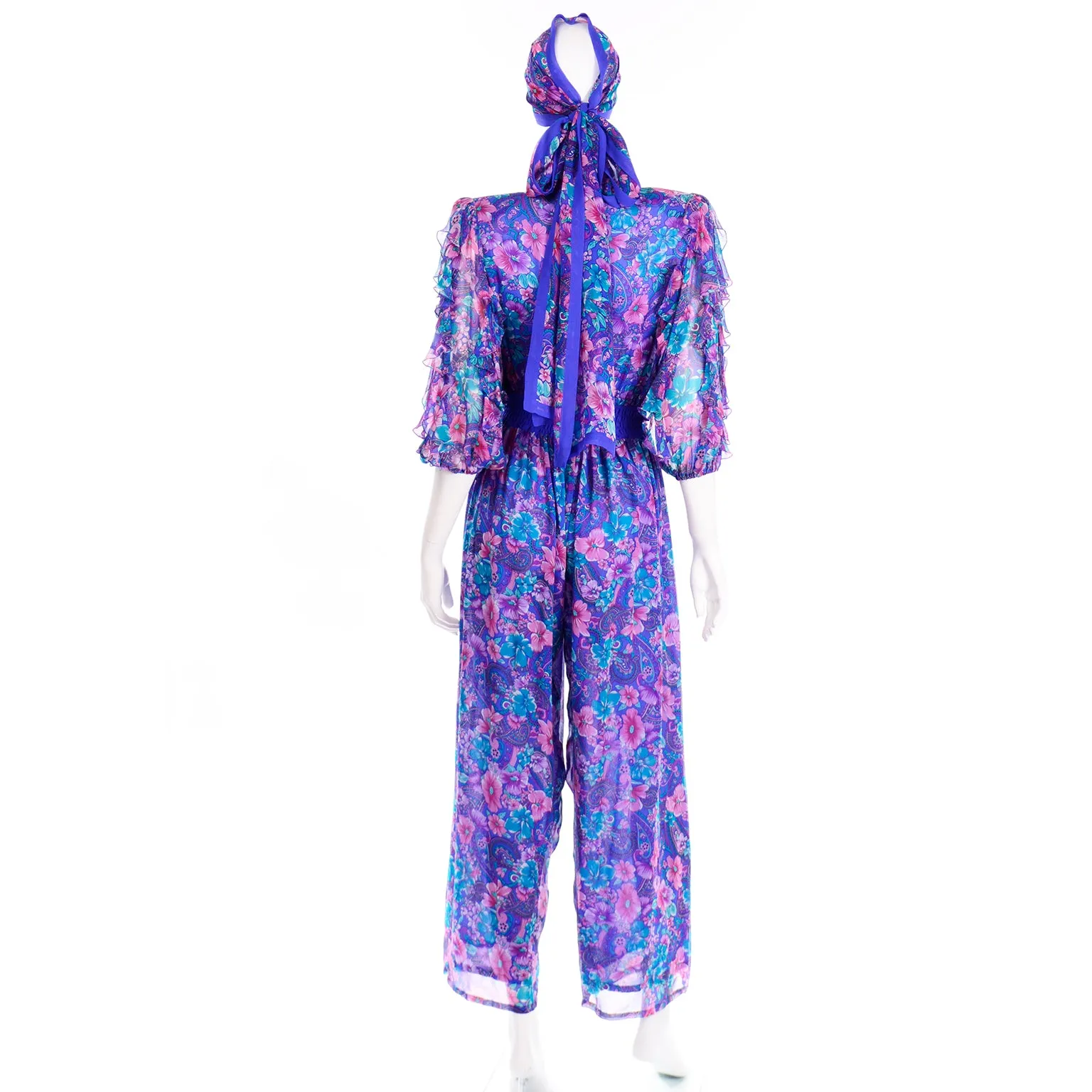 Vintage Diane Freis Floral Silk Jumpsuit With Scarf