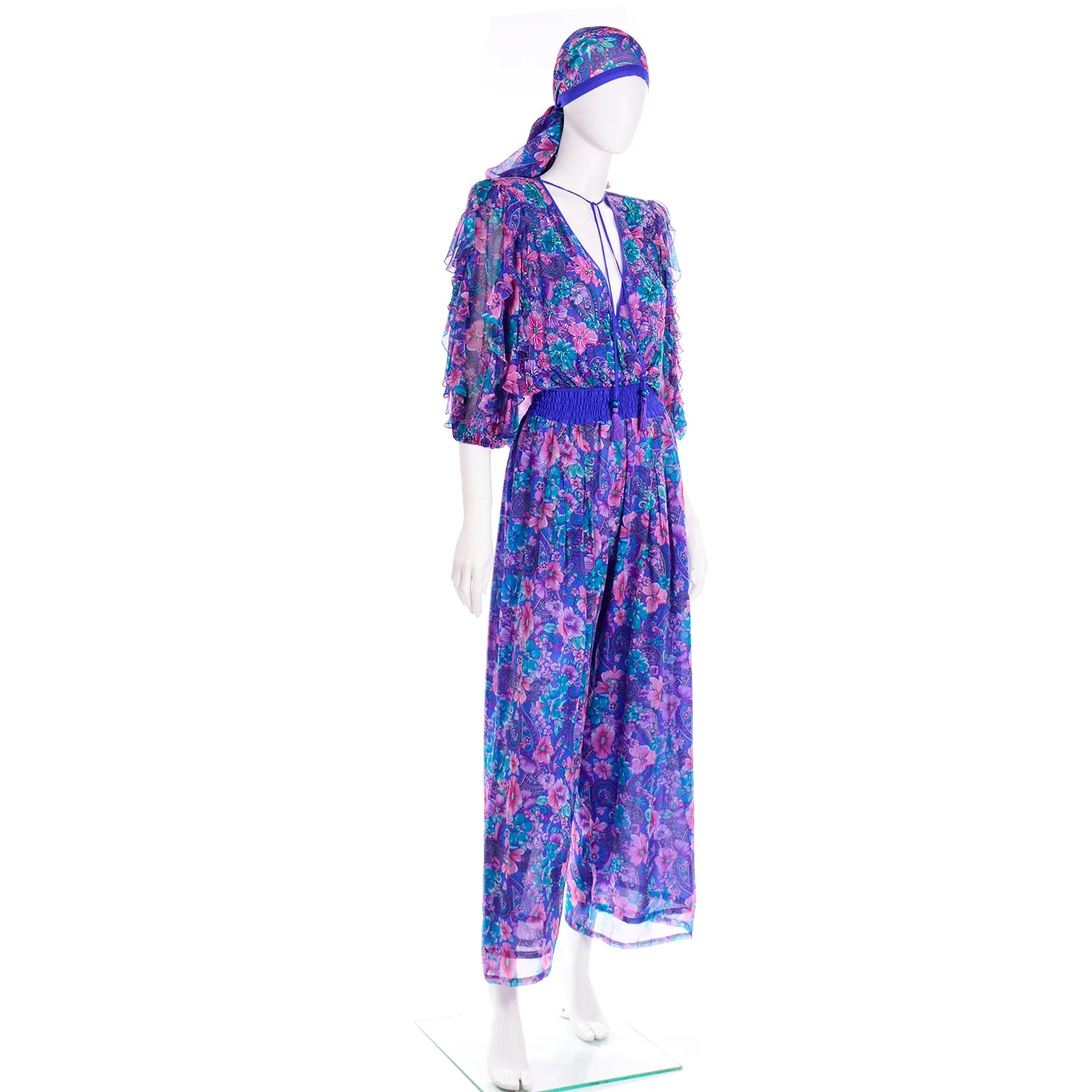 Vintage Diane Freis Floral Silk Jumpsuit With Scarf