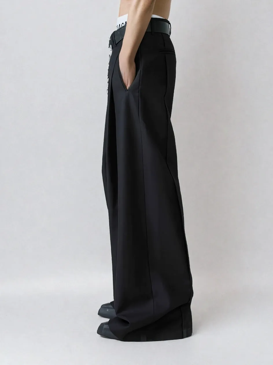 Wide Leg Tailored Trousers with Fold-Over Pleat