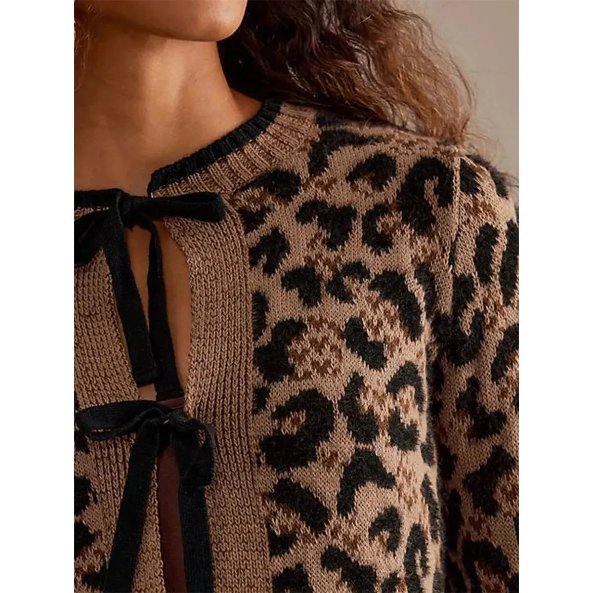 Women Knit Cardigan Leopard Print Ribbed Long Sleeve Tie Front Closure