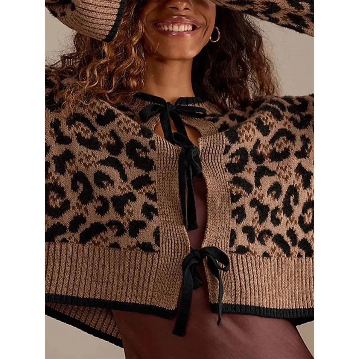 Women Knit Cardigan Leopard Print Ribbed Long Sleeve Tie Front Closure