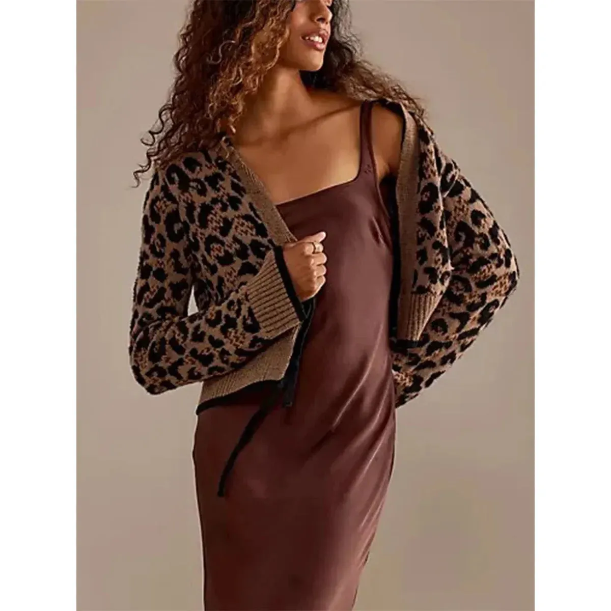 Women Knit Cardigan Leopard Print Ribbed Long Sleeve Tie Front Closure