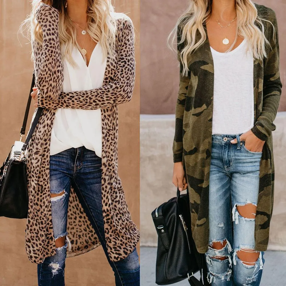 Women printed v neck long sleeve knitted long cardigan