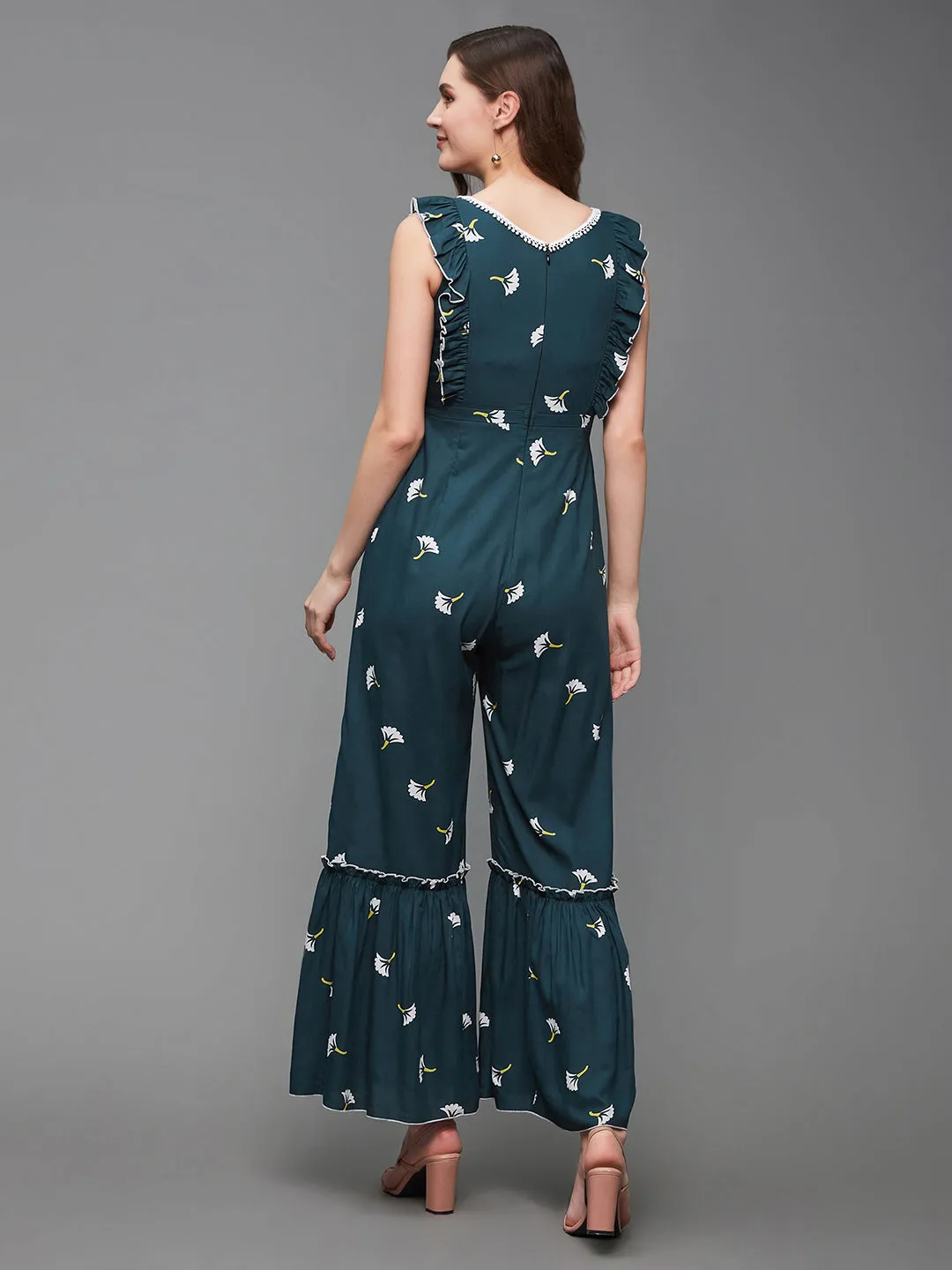 Women's Multicolored-Base-Teal Floral V-Neck Ruffled Sleeves Viscose Rayon Tiered Regular-Length Jumpsuit