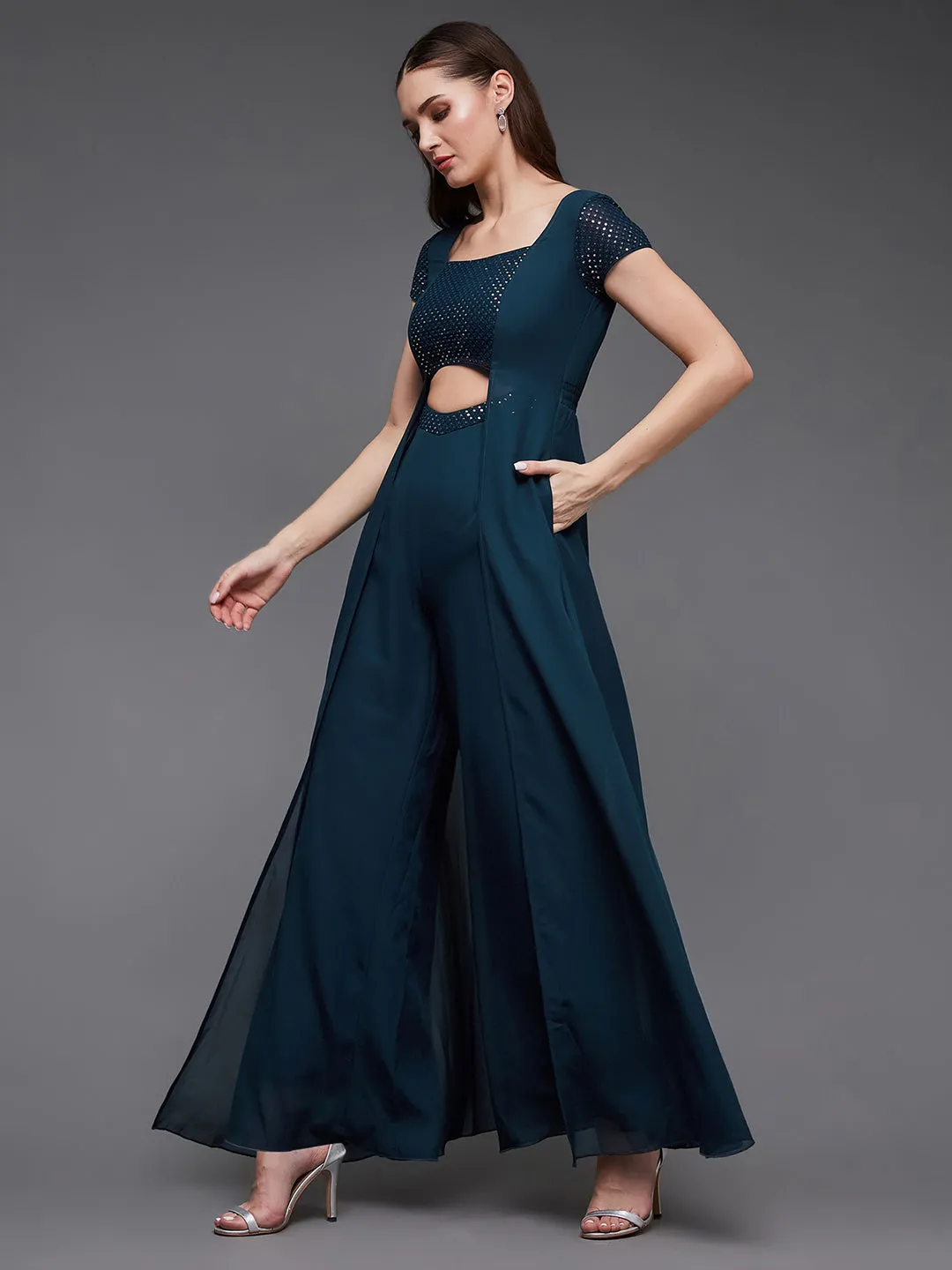 Women's Teal Sequined Square Neck Short Sleeve Georgette Cut Out Relaxed Fit Party Jumpsuit