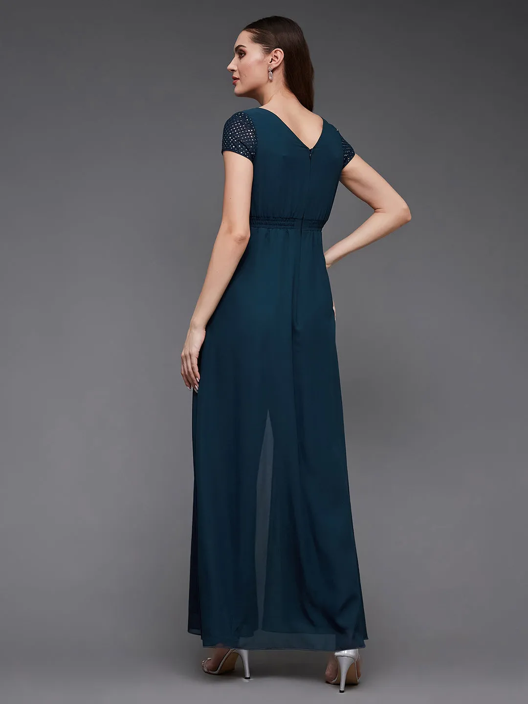 Women's Teal Sequined Square Neck Short Sleeve Georgette Cut Out Relaxed Fit Party Jumpsuit