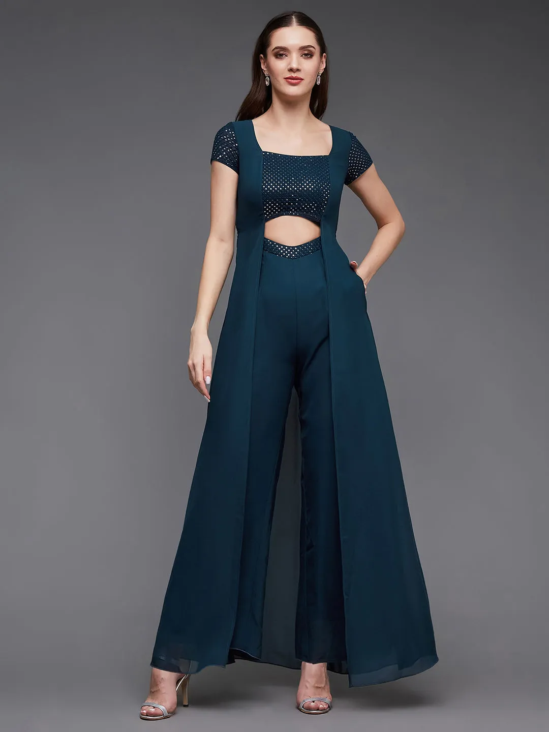 Women's Teal Sequined Square Neck Short Sleeve Georgette Cut Out Relaxed Fit Party Jumpsuit