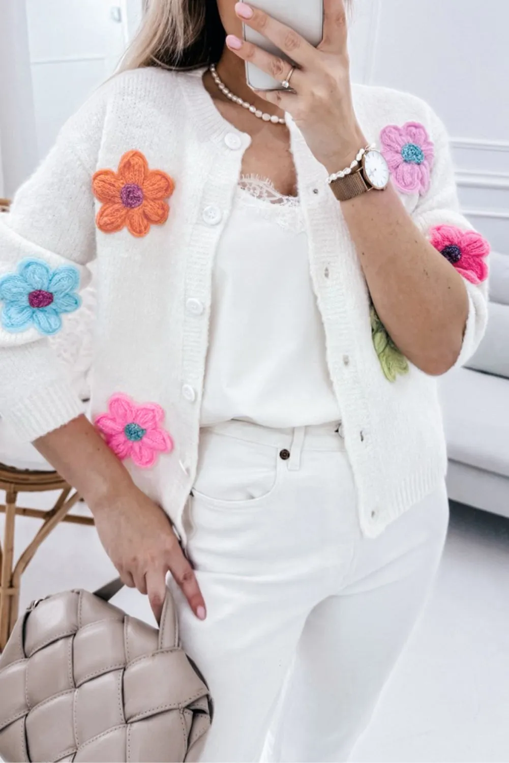 Women's Warm Floral Embroidery Knit Cardigan with Buttons | Ideal for Autumn/Winter