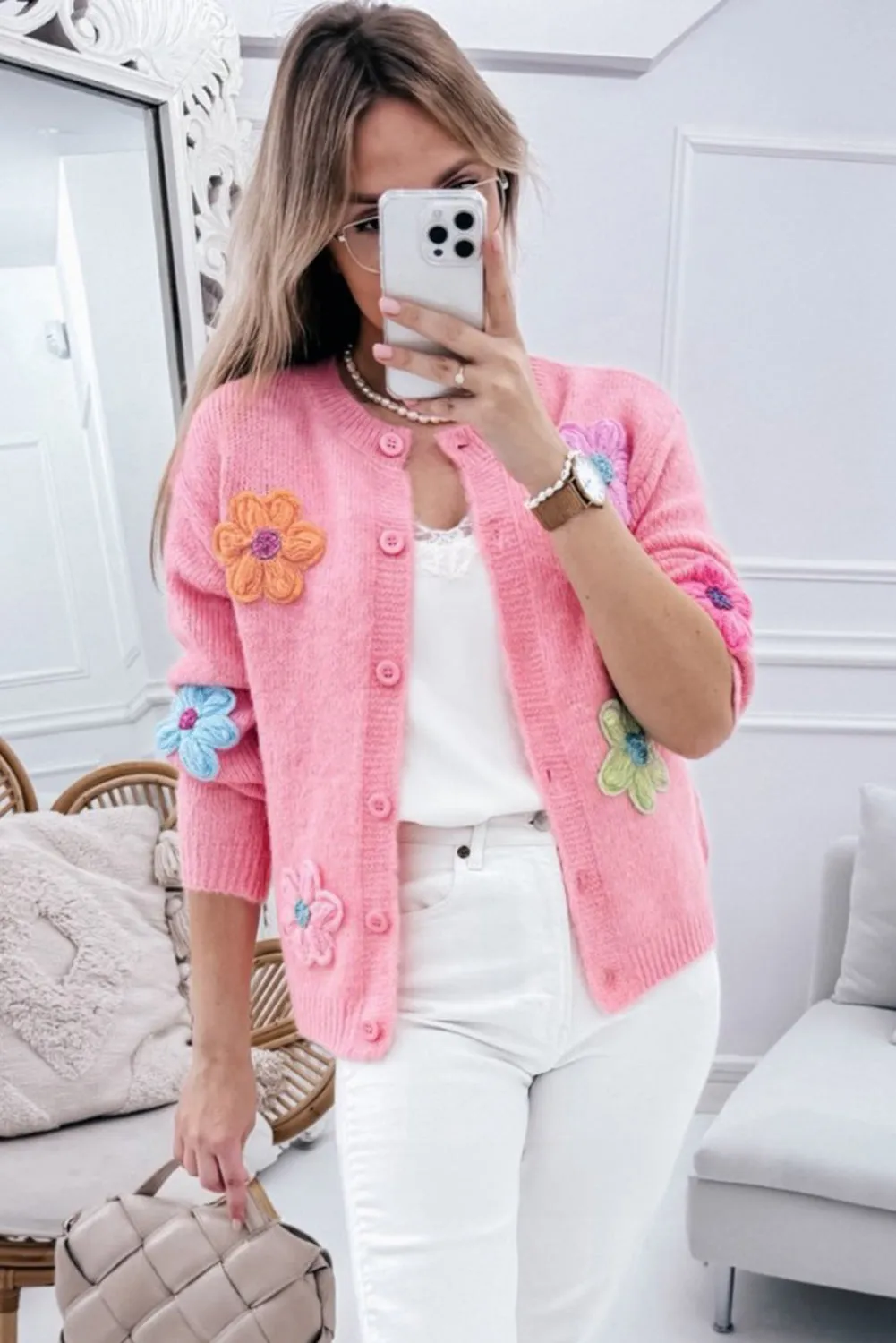 Women's Warm Floral Embroidery Knit Cardigan with Buttons | Ideal for Autumn/Winter
