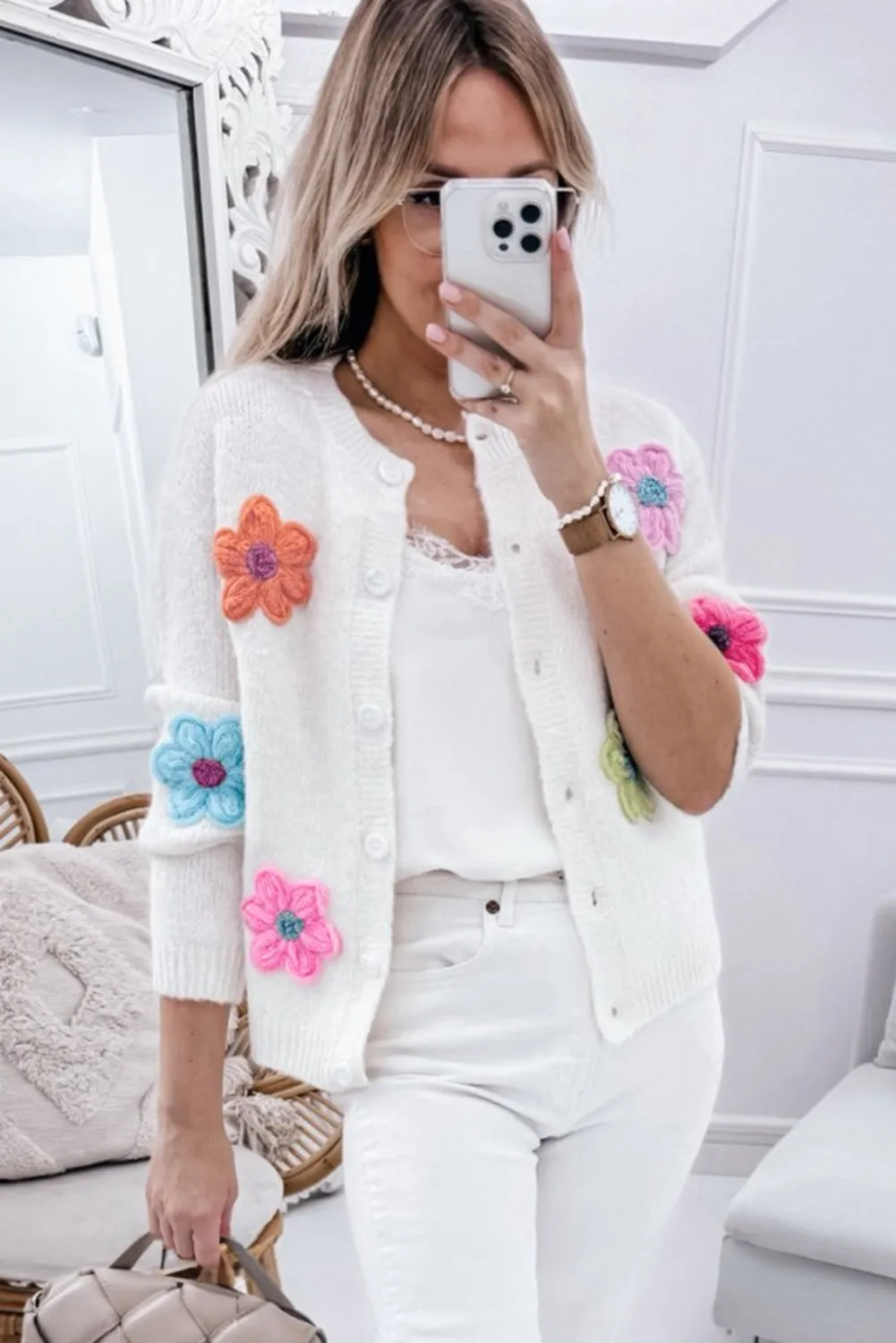 Women's Warm Floral Embroidery Knit Cardigan with Buttons | Ideal for Autumn/Winter