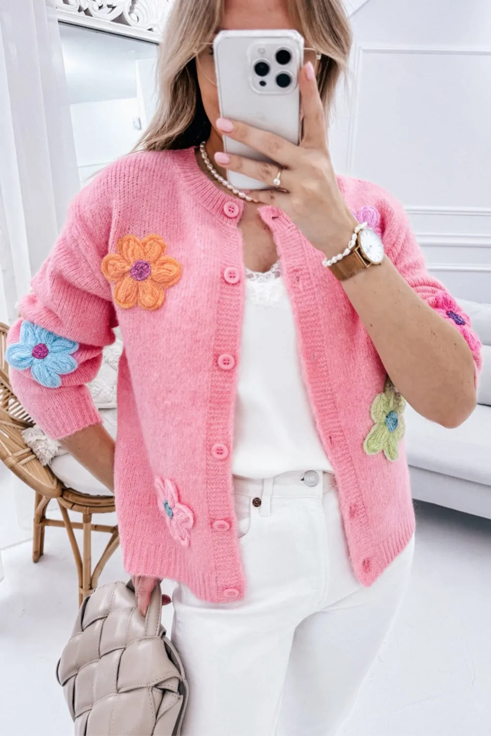 Women's Warm Floral Embroidery Knit Cardigan with Buttons | Ideal for Autumn/Winter
