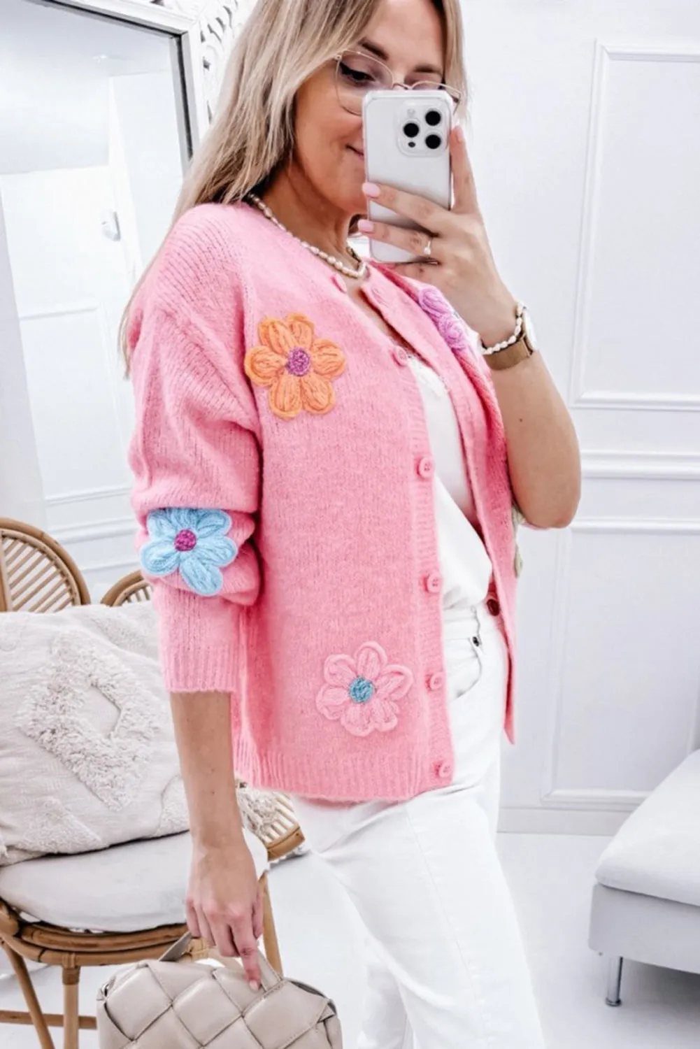 Women's Warm Floral Embroidery Knit Cardigan with Buttons | Ideal for Autumn/Winter